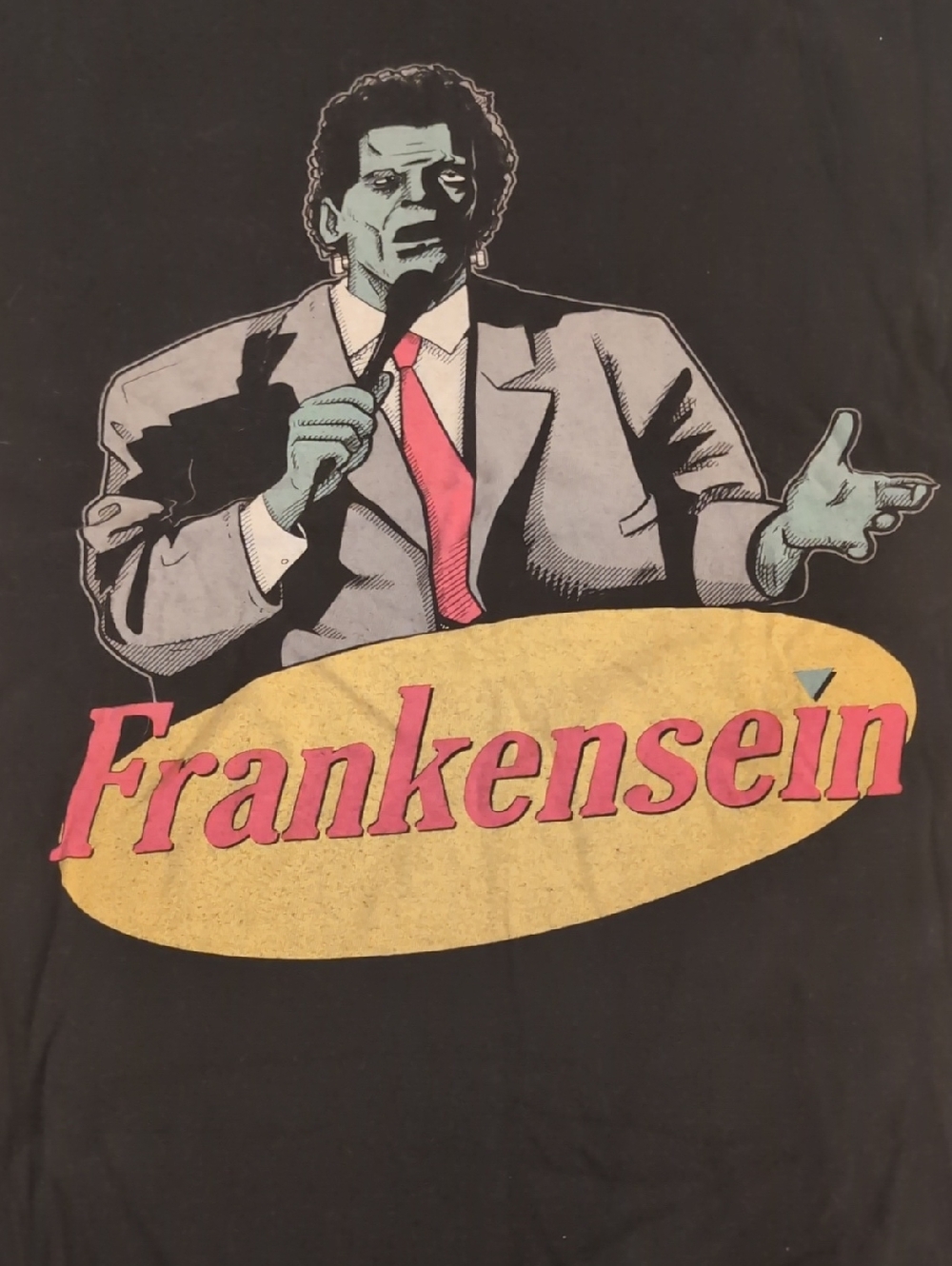 Frankensein Graphic Black Men's T-Shirt with Pink Accent